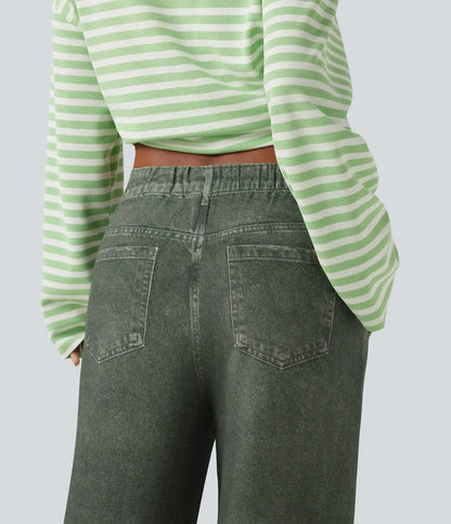 Mid Rise Wide Leg Denim Print French Terry Casual Jeans with Pockets