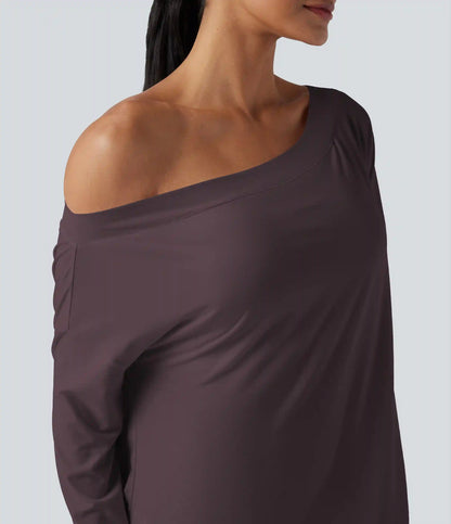 One Shoulder Long Sleeve Thumb Hole Curved Hem High Low Quick Dry Yoga Sports Top-Built-in Bra