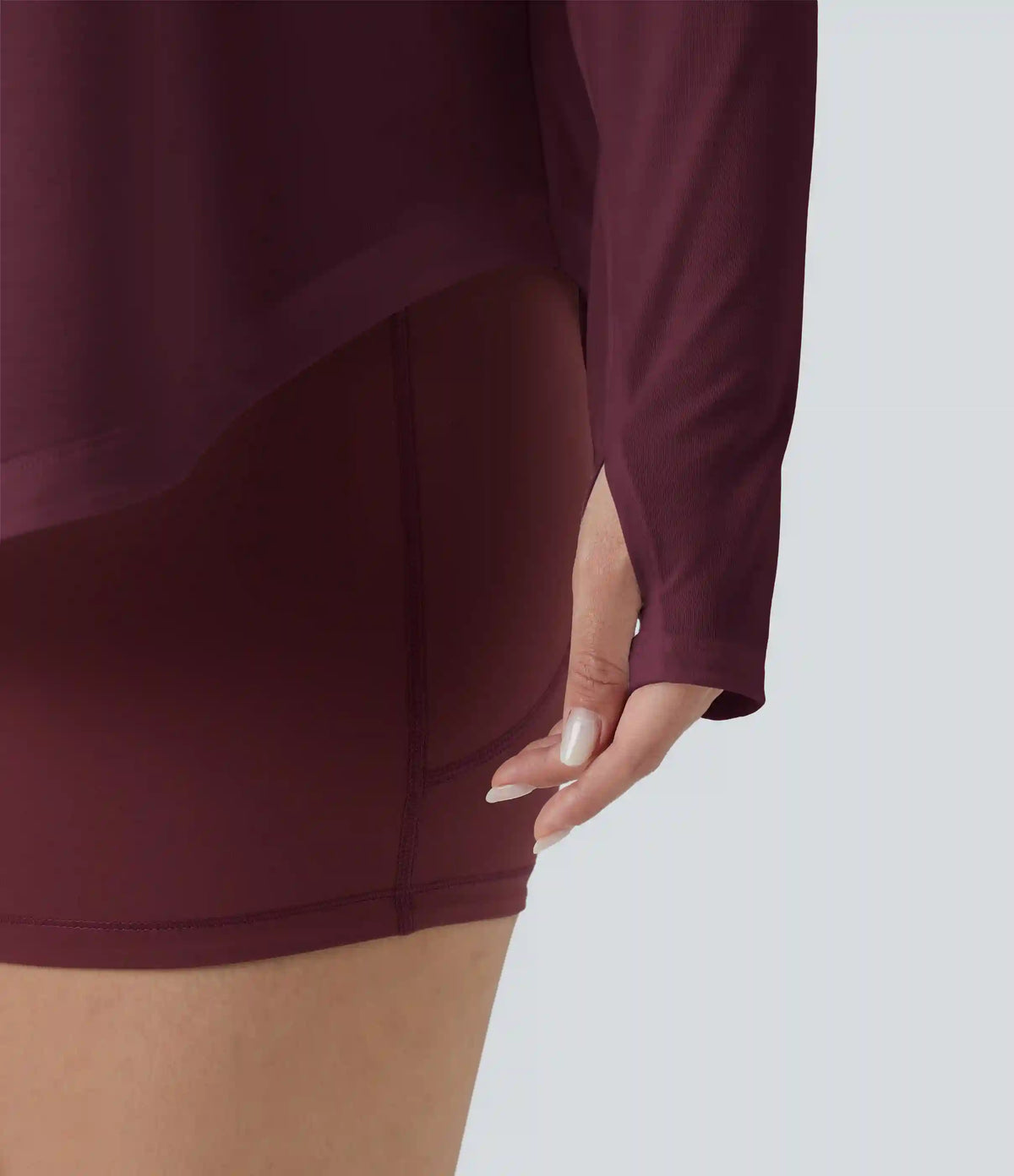 One Shoulder Long Sleeve Thumb Hole Curved Hem High Low Quick Dry Yoga Plus Size Sports Top-Built-in Bra