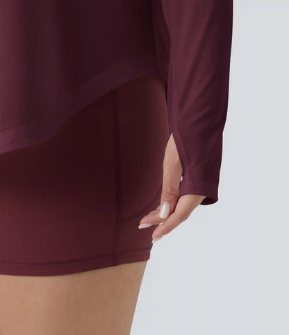 One Shoulder Long Sleeve Thumb Hole Curved Hem High Low Quick Dry Yoga Plus Size Sports Top-Built-in Bra
