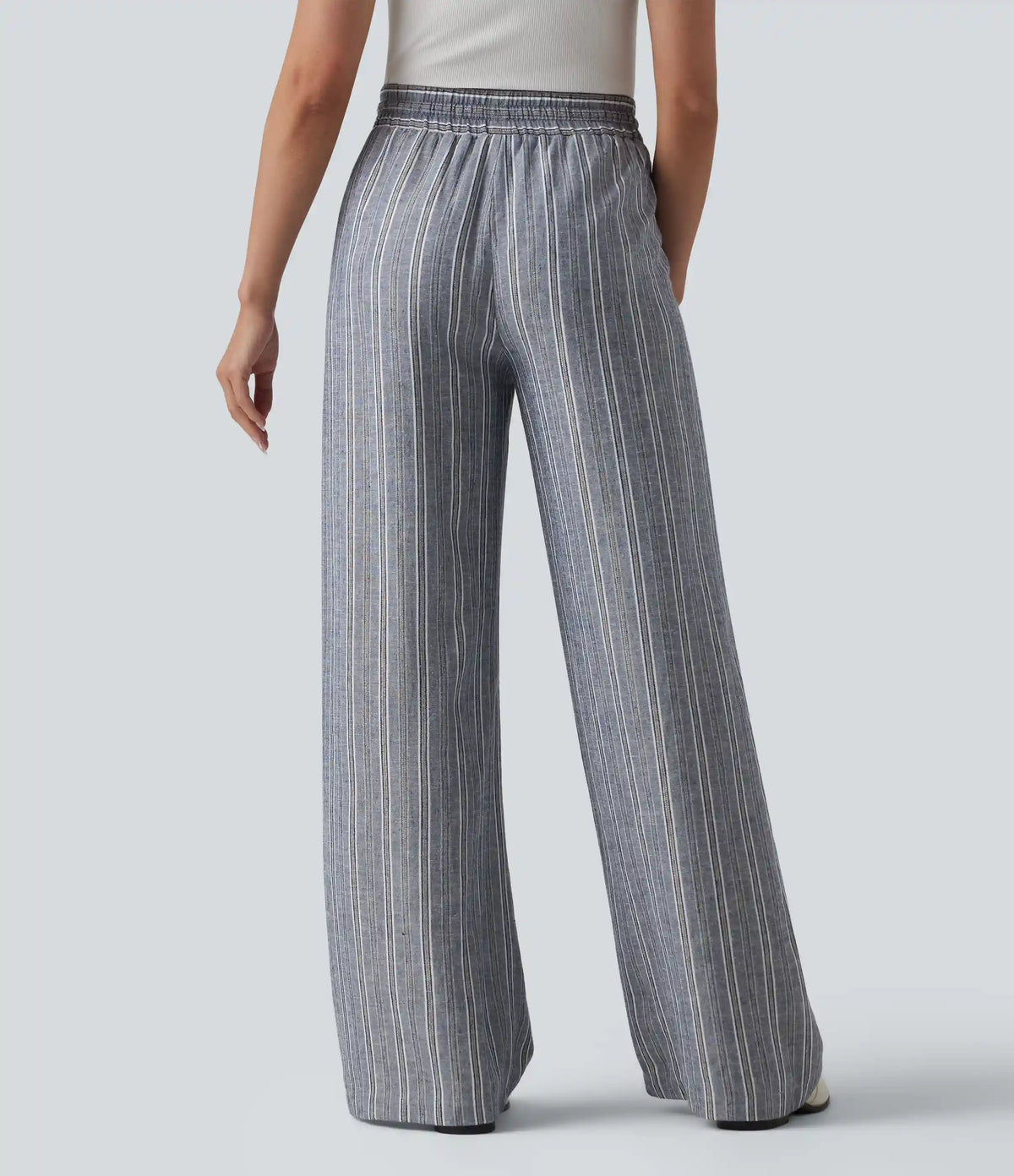 High Waisted Drawstring Stripes Linen Work Baggy Pants with Pockets