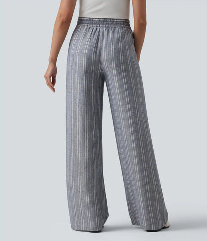 High Waisted Drawstring Stripes Linen Work Baggy Pants with Pockets