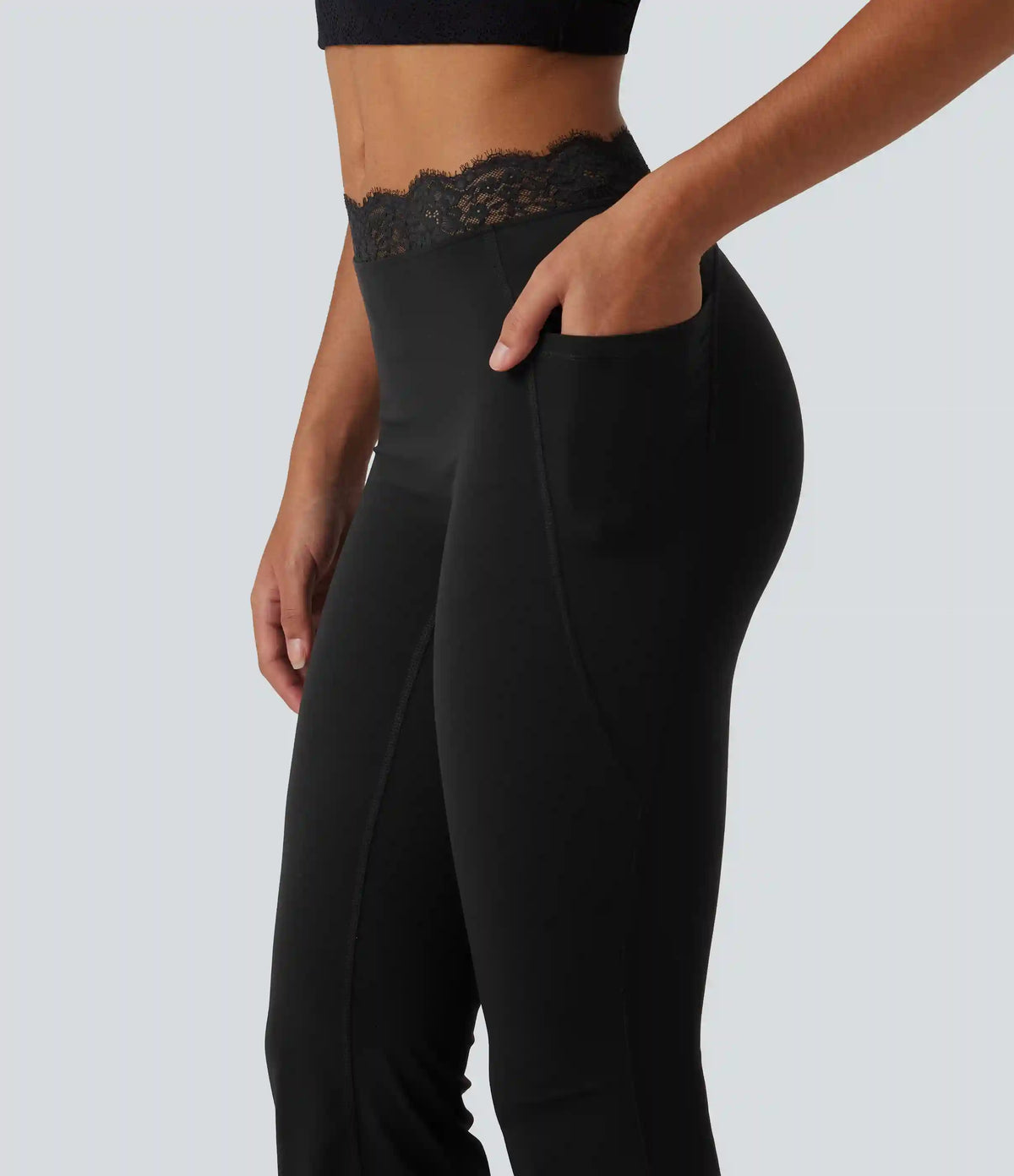 Halara UltraSculpt™ Mid Rise Contrast Lace Ruched Flare Yoga Leggings with Pockets