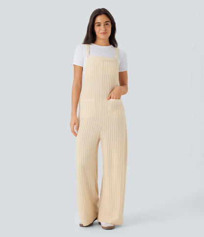 Ribbed Knit Pockets Casual Overalls