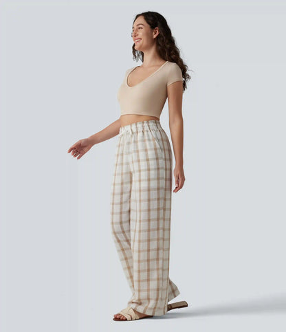 High Waisted Drawstring Plaid Linen-Feel Casual Baggy Pants with Pockets