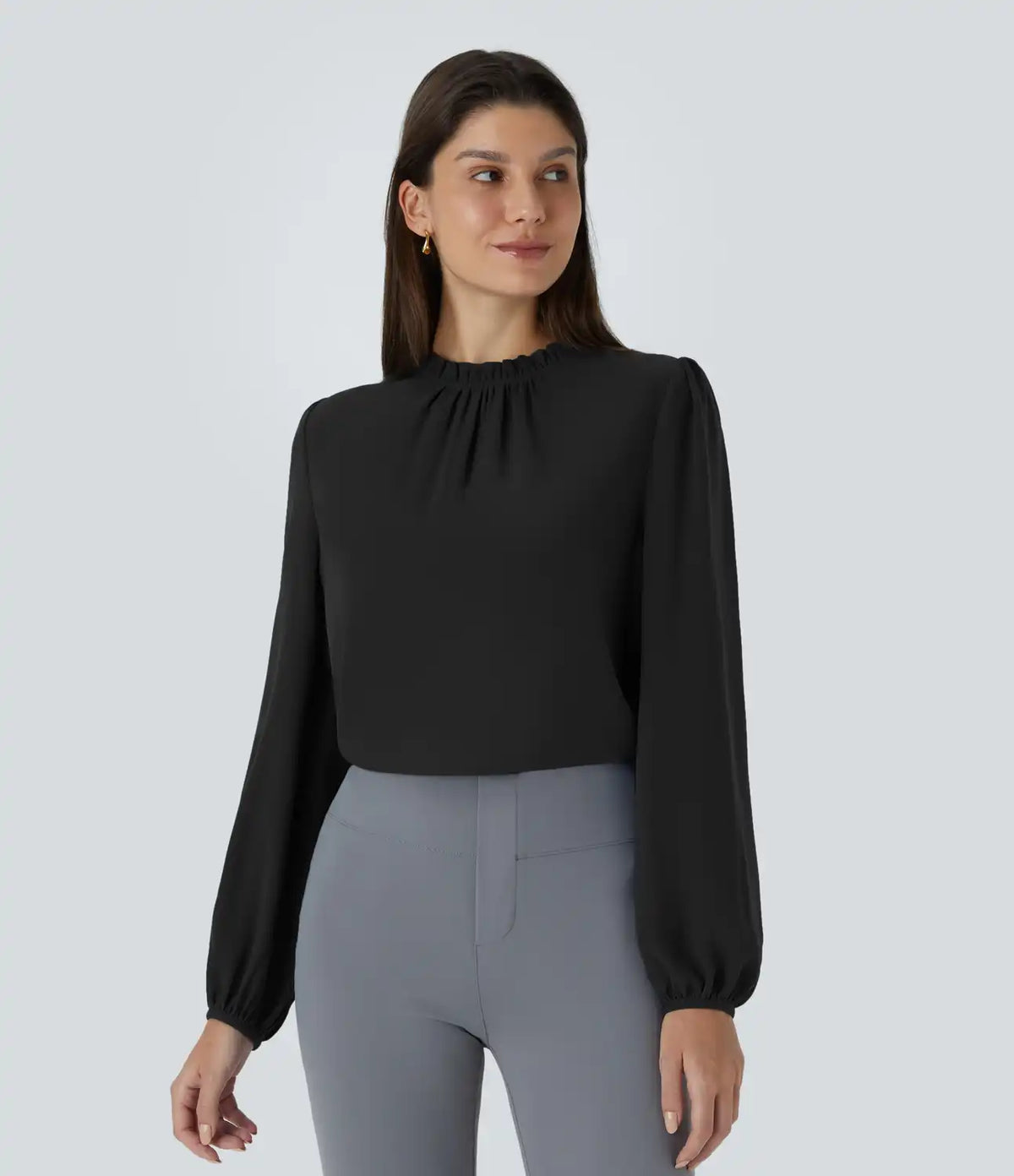 Frill Round Neck Keyhole Back Long Sleeve Work Blouse