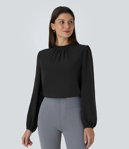 Frill Round Neck Keyhole Back Long Sleeve Work Blouse