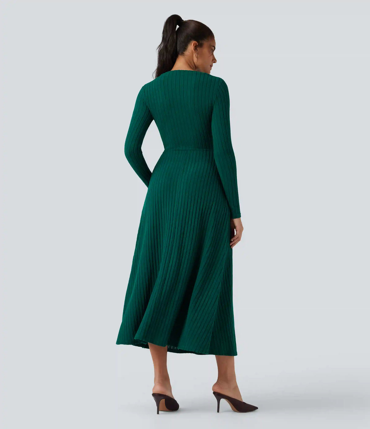 Ribbed Knit Long Sleeve Midi Casual Dress with Pockets