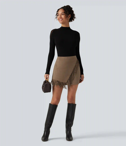 High Waisted A Line 2-in-1 Fringe Hem Asymmetric Mini Suede Party Skirt