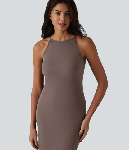 Ribbed Knit Round Neck Midi Casual Slip Dress