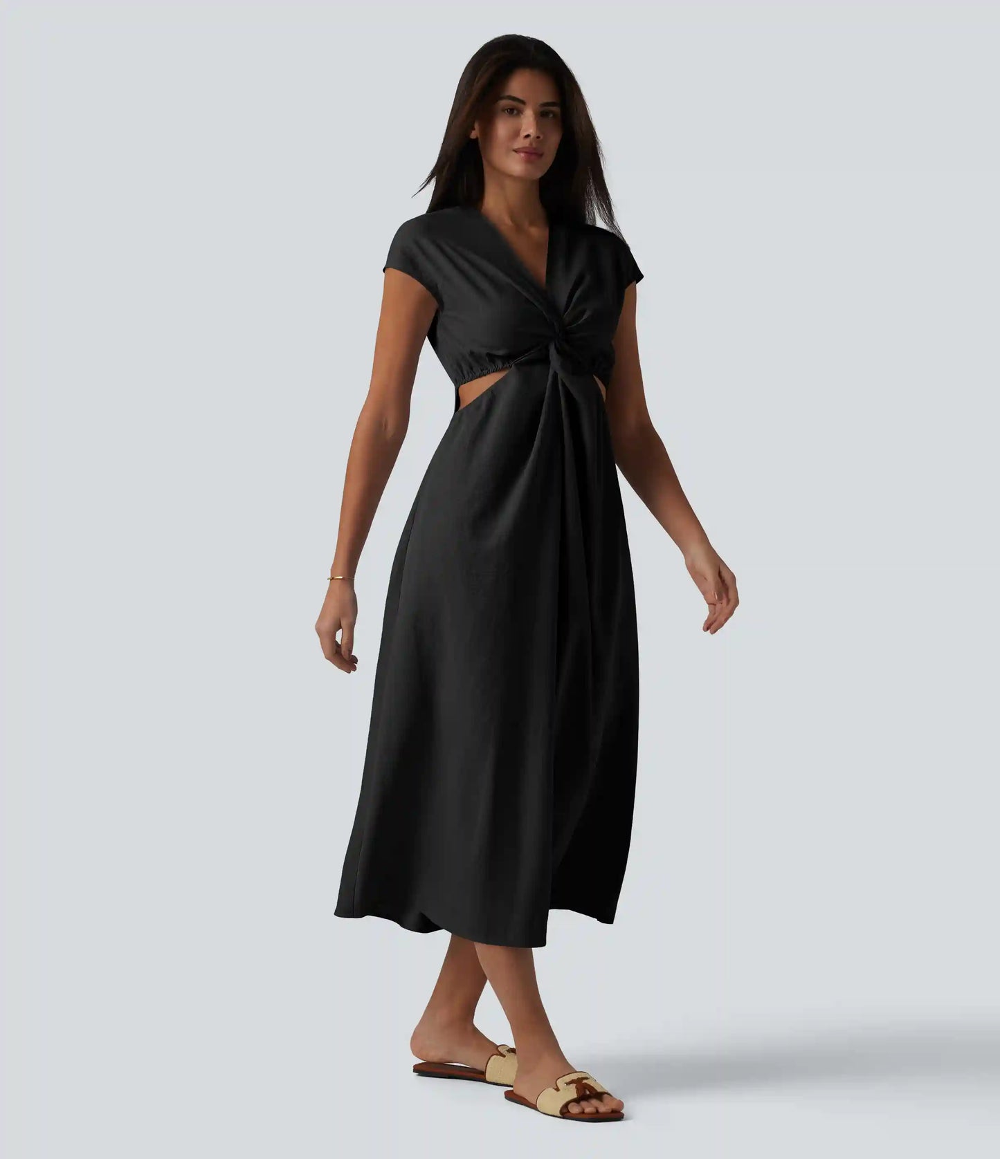 V-neck Short Sleeve Twisted Cut-out Invisible Zipper Midi Resort Dress with Pockets