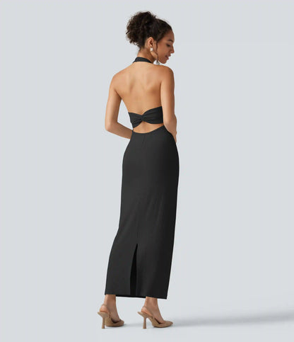 Ribbed Knit Halter Bodycon Midi Dress