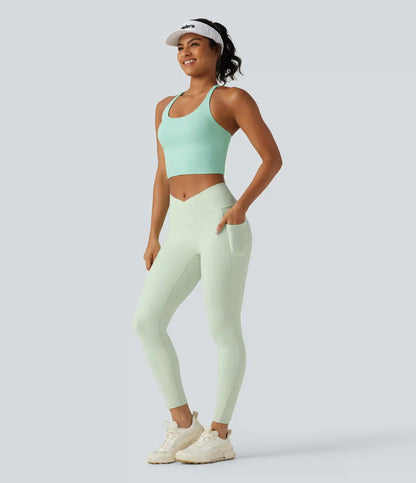 SoftlyZero™ High Waisted Crossover Plain Yoga Leggings with Pockets