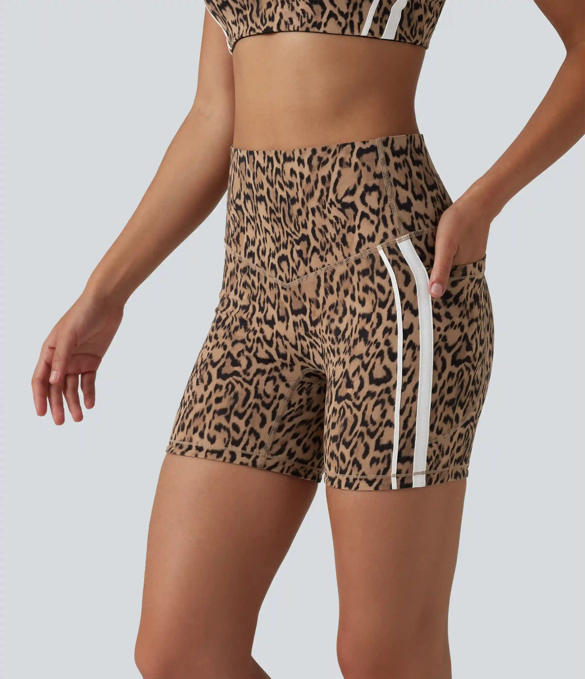 Halara UltraSculpt™ Leopard Print High Waisted Tummy Control Color Block Stripe Training Biker Shorts 5'' with Pockets