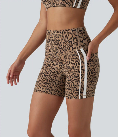 Halara UltraSculpt™ Leopard Print High Waisted Tummy Control Color Block Stripe Training Biker Shorts 5'' with Pockets