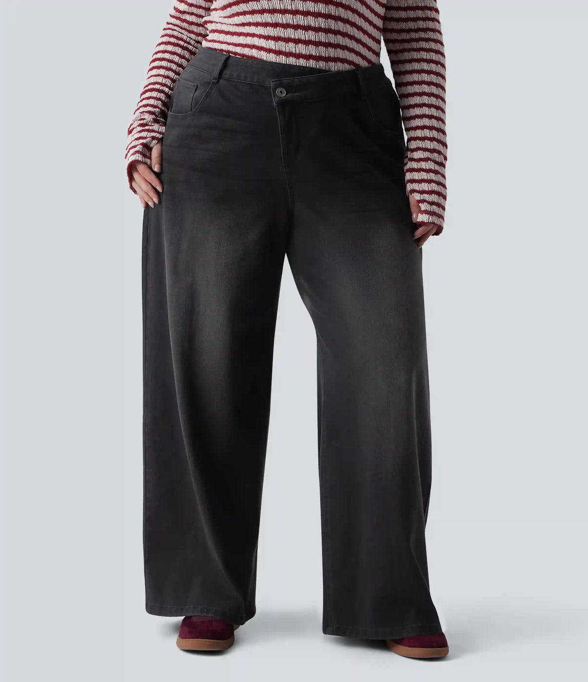 Plus Size Halara Flex™ Asymmetric Low Rise Wide Leg Washed Casual Jeans with Pockets