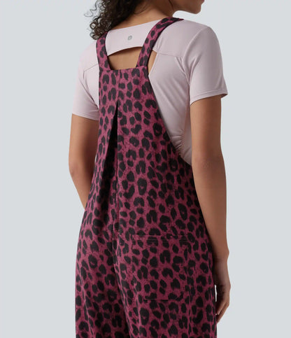 Leopard Print Waffle Casual Overalls with Pockets