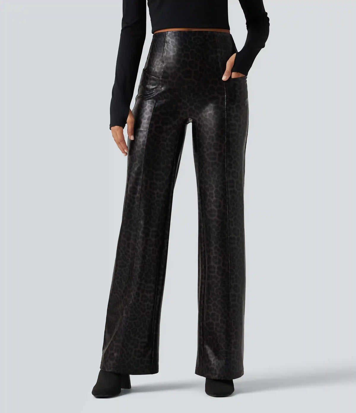 High Waisted Stretchy PU Leopard Print Leather Flare Casual Pants with Pockets