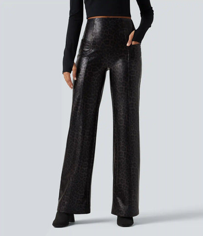 High Waisted Stretchy PU Leopard Print Leather Flare Casual Pants with Pockets
