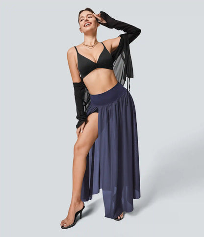 High Waisted 2-in-1 Mesh Flowy Maxi Casual Skirt
