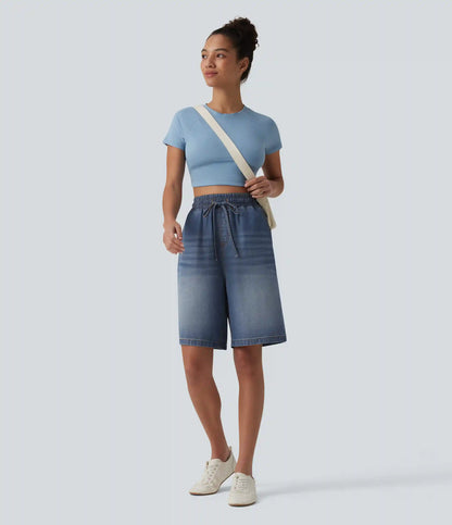 High Waisted Drawstring Denim Casual Bermuda Shorts 9'' with Pockets