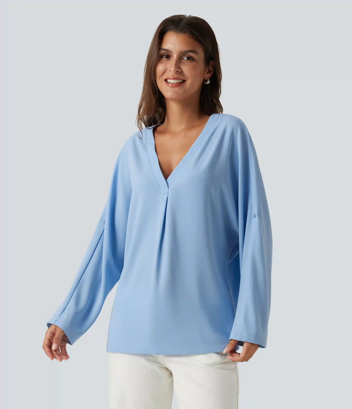 V Neck Batwing Long Sleeve Work Blouse