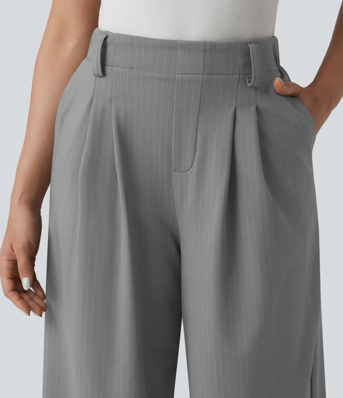 High Waisted Stripes Work Wide Leg Pants with Pockets