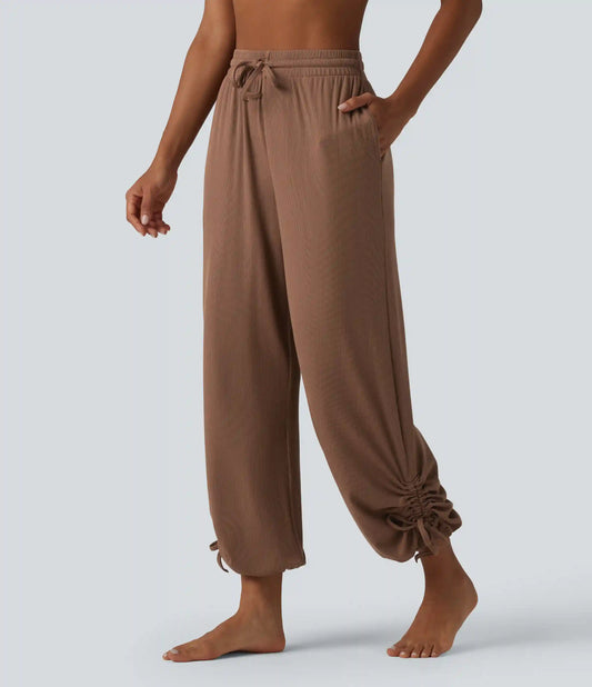 High Stretch Ribbed Knit Modal High Waisted Drawstring Ruched Yoga Joggers with Pockets