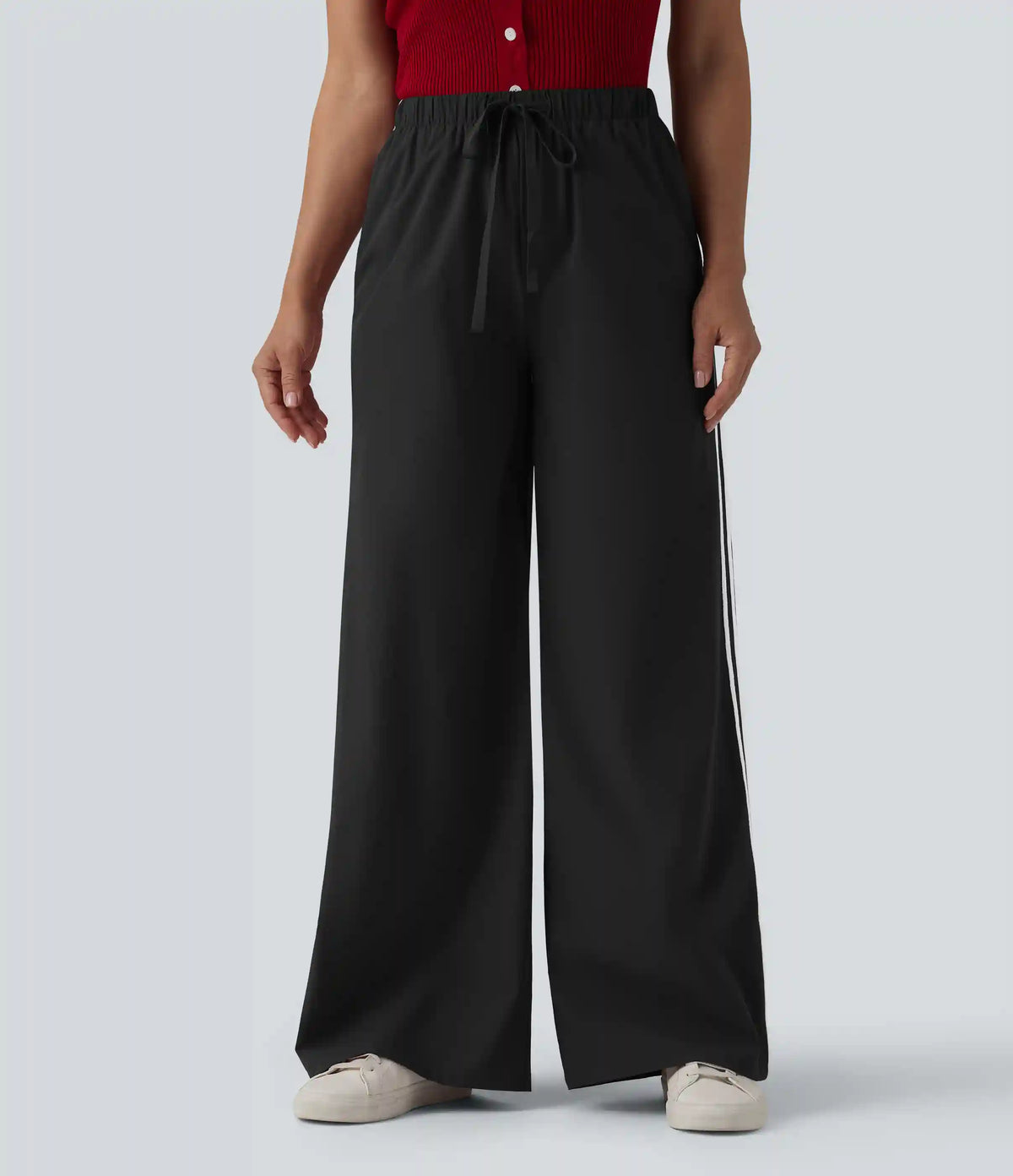 High Waisted Drawstring Wide Leg Stripe Casual Pants with Pockets