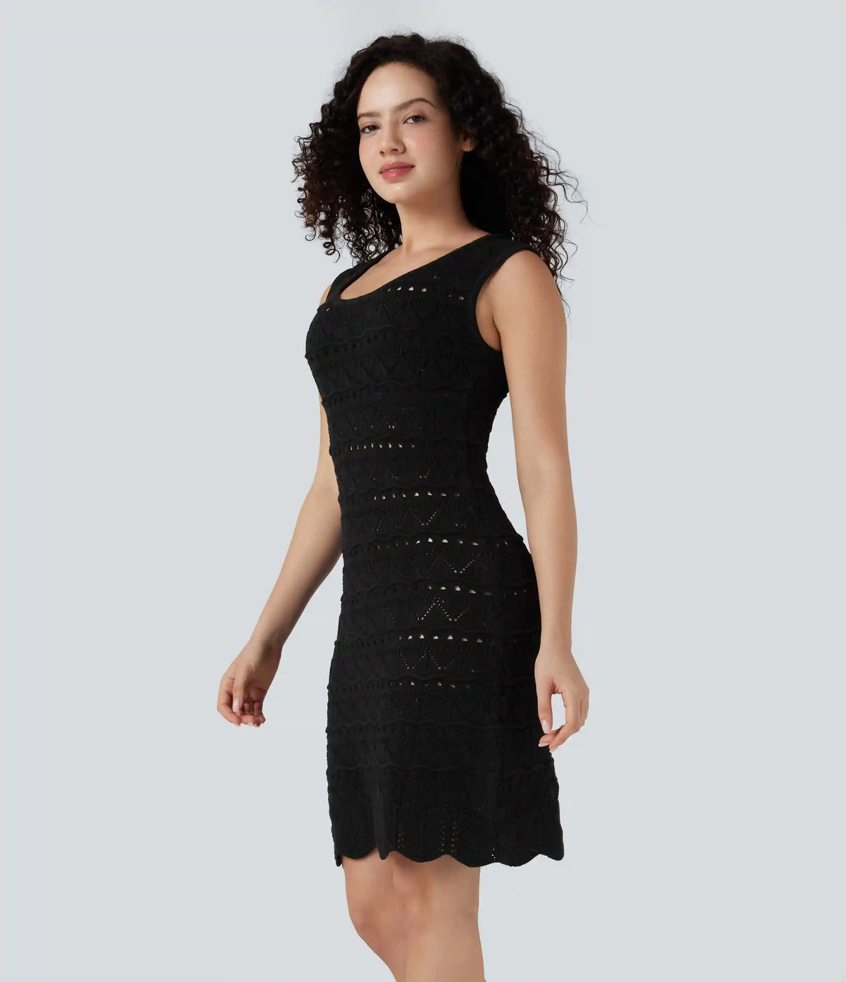 U-Neck Sleeveless Scallop Hem Open Knit Mini Casual Sweater Dress