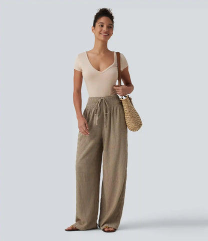 Mid Rise Drawstring Texture Resort Baggy Pants with Pockets