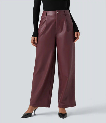 High Waisted Wide Leg Fleece Casual PU Leather Pants with Pockets