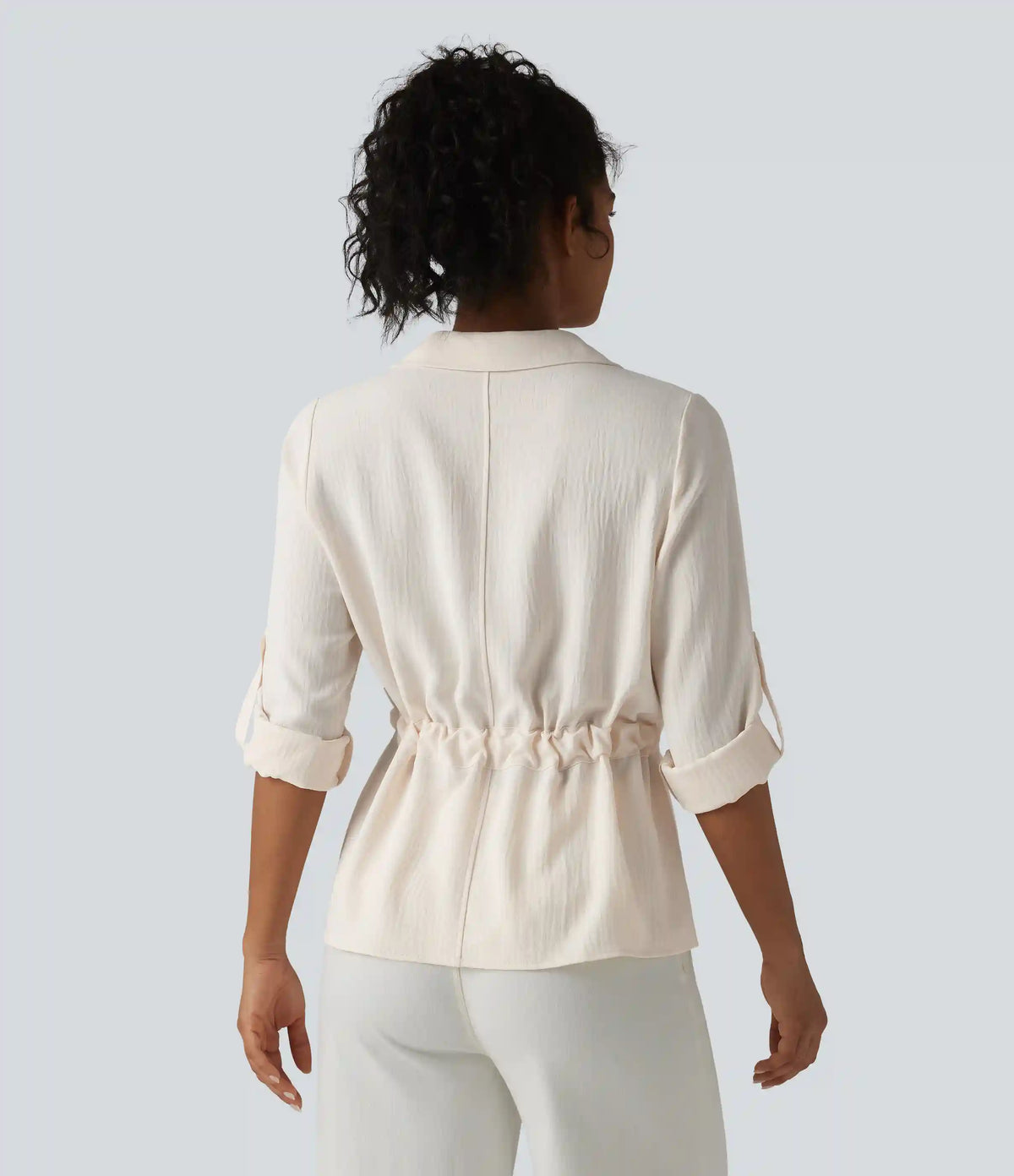 Lapel Roll Up Sleeve Tie Work Linen-Feel Shirt