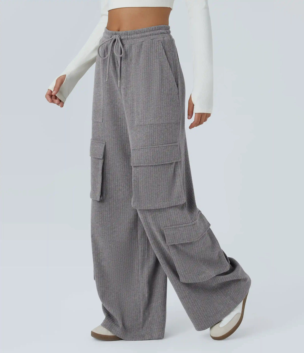 Ribbed Mid Rise Drawstring Pockets Wide Leg Cargo Casual Pants