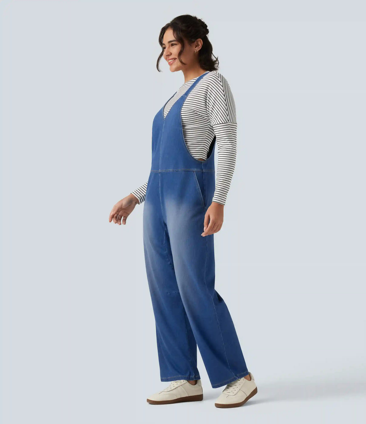 Halara Flex™ V Neck Sleeveless Barrel Leg Denim Casual Overalls with Pockets