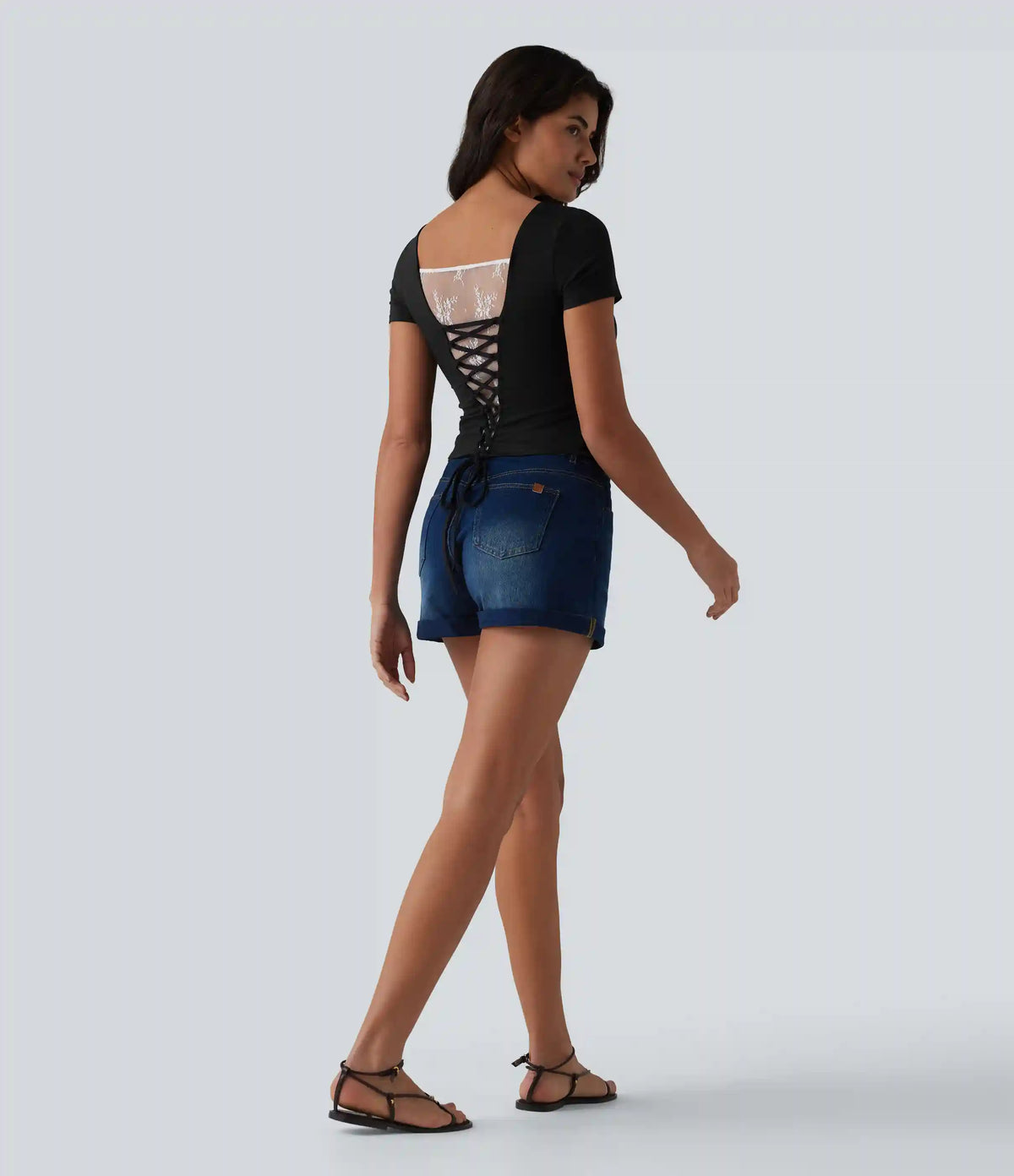 U Neck Short Sleeve Built-in Bra Contrast Lace Tie Back Casual T-Shirt