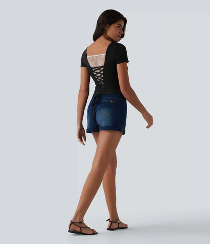 U Neck Short Sleeve Built-in Bra Contrast Lace Tie Back Casual T-Shirt