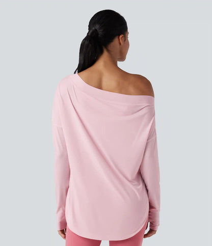 One Shoulder Long Sleeve Thumb Hole Curved Hem High Low Quick Dry Yoga Sports Top-Built-in Bra
