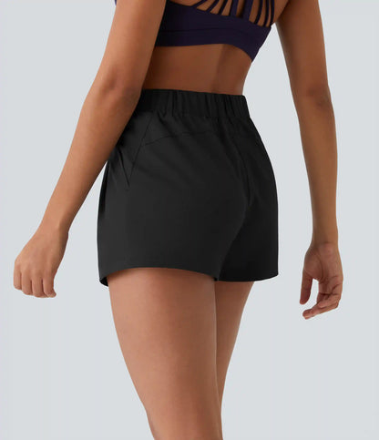 High Waisted Elastic Waistband Drawstring Pleated Yoga Shorts 3" with Pockets