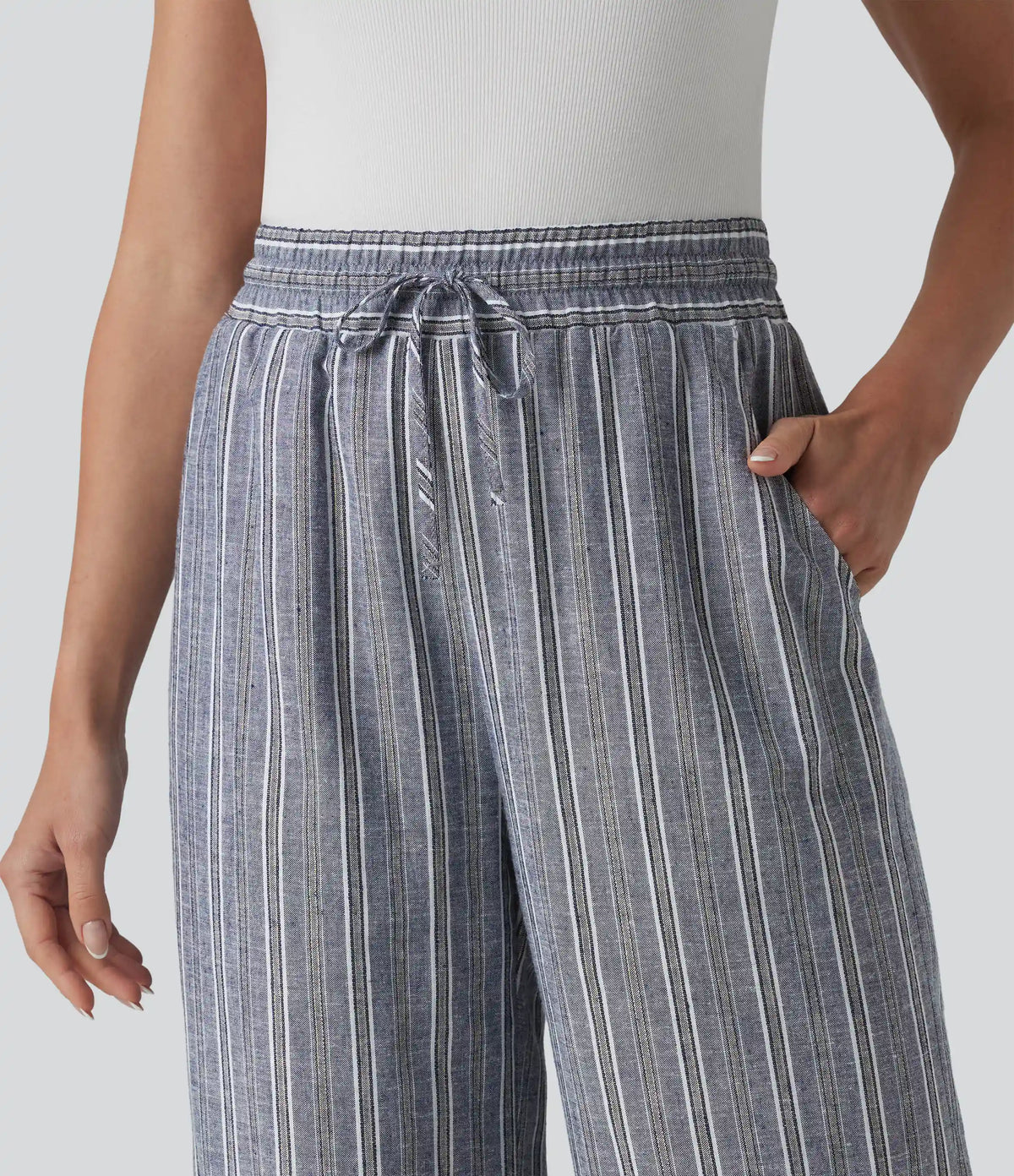 High Waisted Drawstring Stripes Linen Work Baggy Pants with Pockets