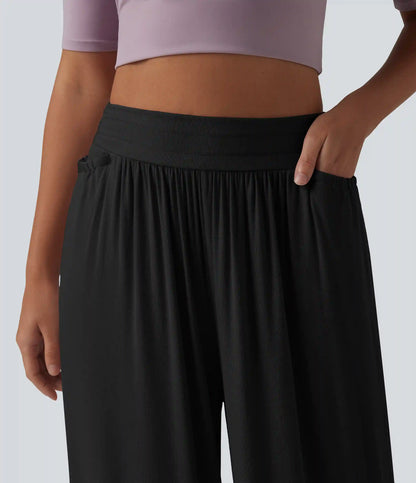 Ribbed High Waisted Tummy Control Casual Baggy Pants with Pockets