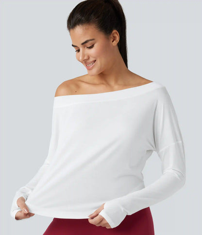 One Shoulder Long Sleeve Thumb Hole Curved Hem High Low Quick Dry Yoga Sports Top