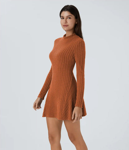 Ribbed Knit Stand Collar Long Sleeve Mini Casual Dress