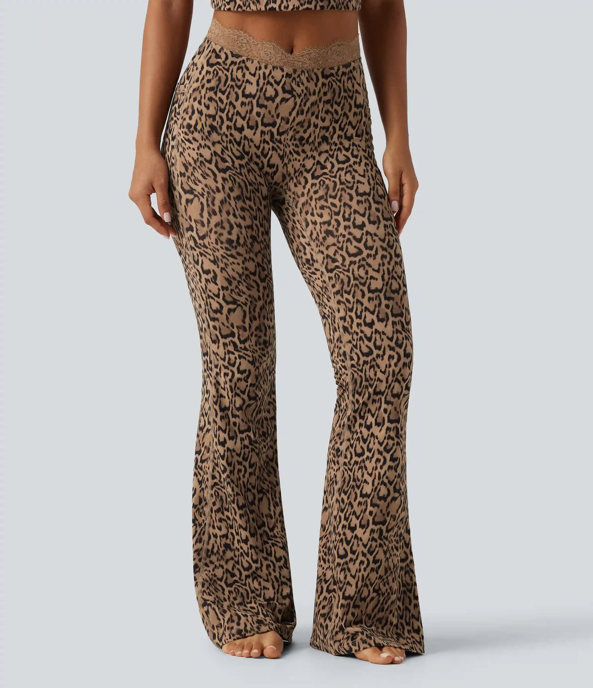 Halara UltraSculpt™ Leopard Print V-Shaped High Waisted Contrast Lace Yoga Flare Leggings with Pockets