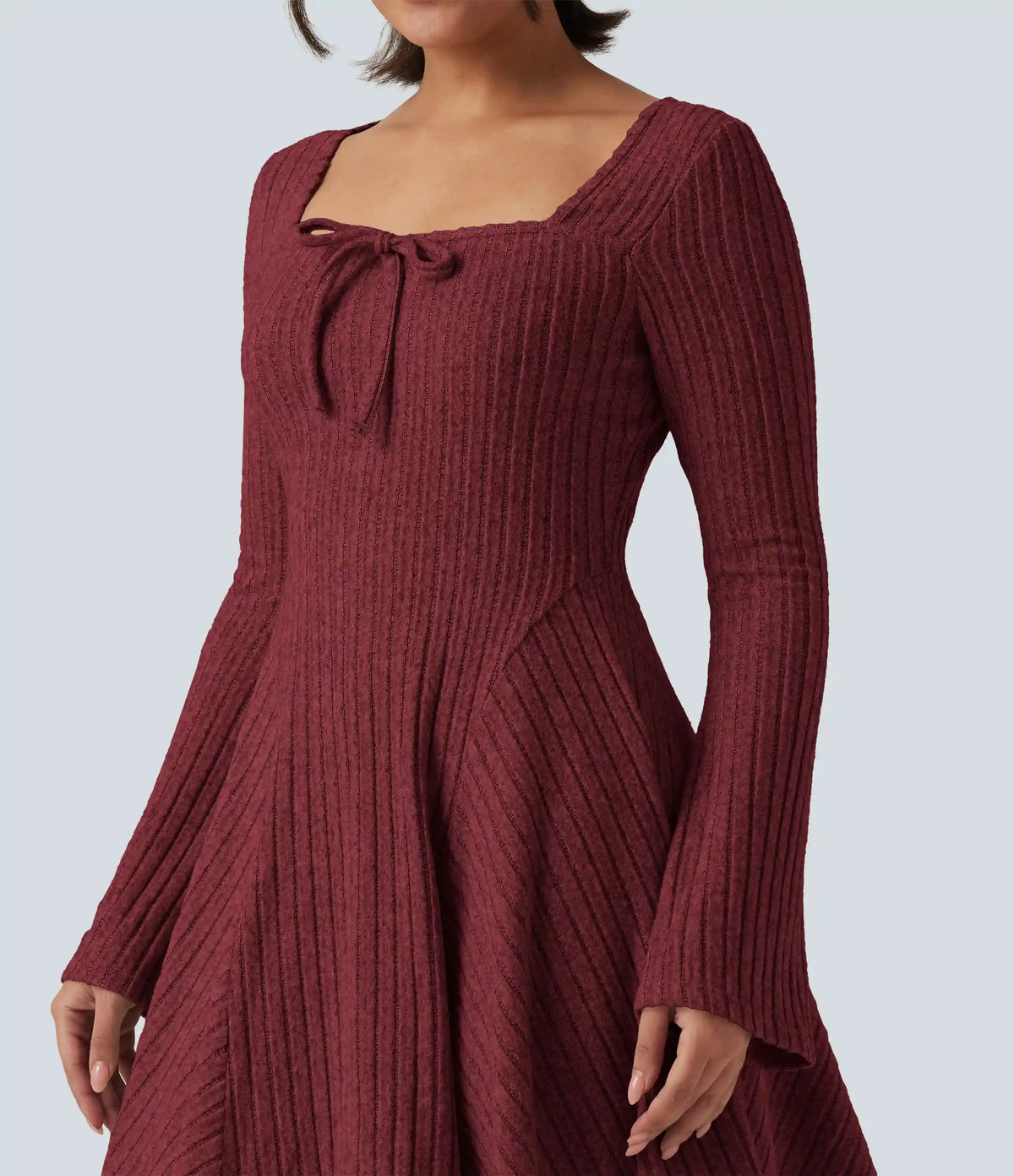 Ribbed Knit Square Neck Flounce Long Sleeve Decorative Knot Casual Flare Mini Dress