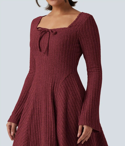 Ribbed Knit Square Neck Flounce Long Sleeve Decorative Knot Casual Flare Mini Dress