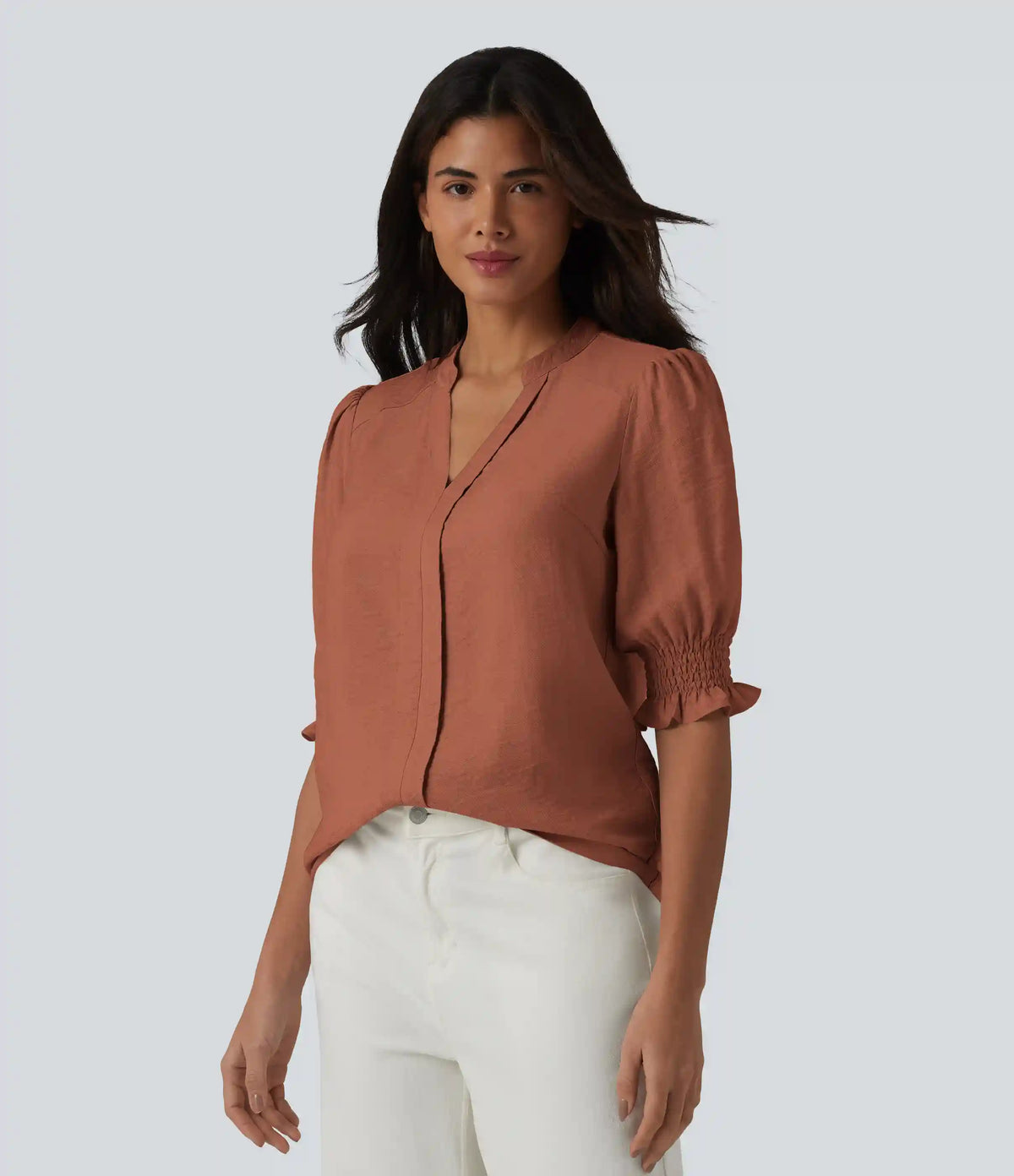 V Neck Puff Short Sleeve Casual Blouse