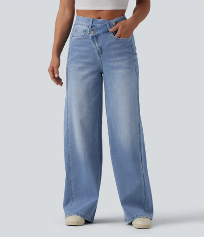 Halara Flex™ Asymmetric High Waisted Washed Casual Baggy Jeans with Pockets
