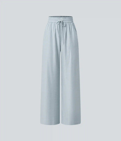High Waisted Drawstring Wide Leg Casual Linen-Blend Pants with Pockets
