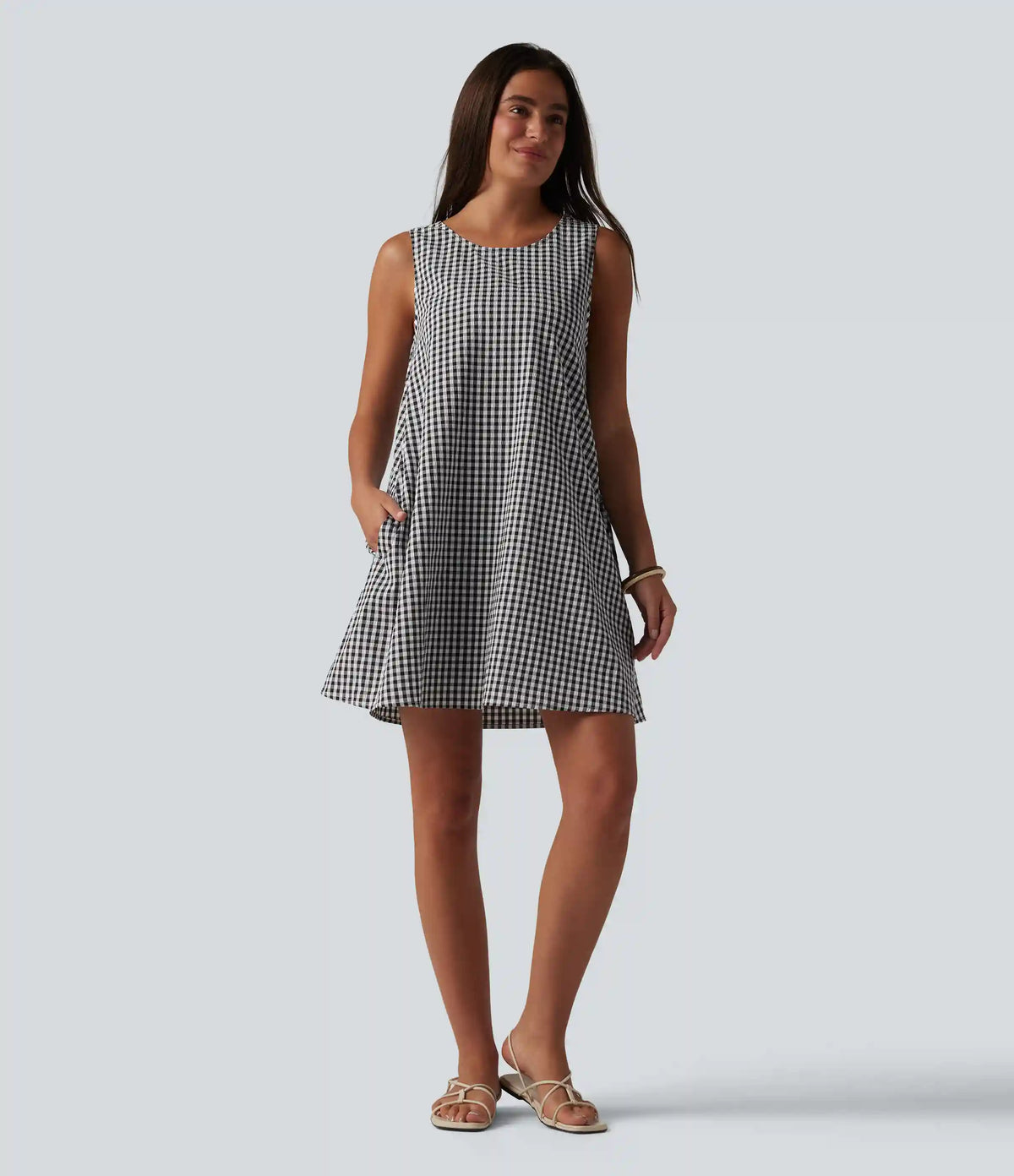 Round Neck Sleeveless Mini Crinkle Gingham Casual Tank Dress with Pockets